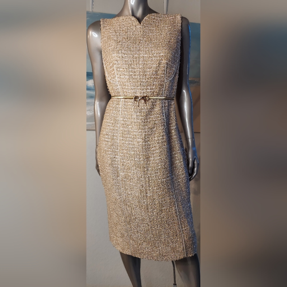 $2,299 NEW OSCAR DE LA RENTA SILK LINED GOLD TWEED RUNWAY DRESS 10